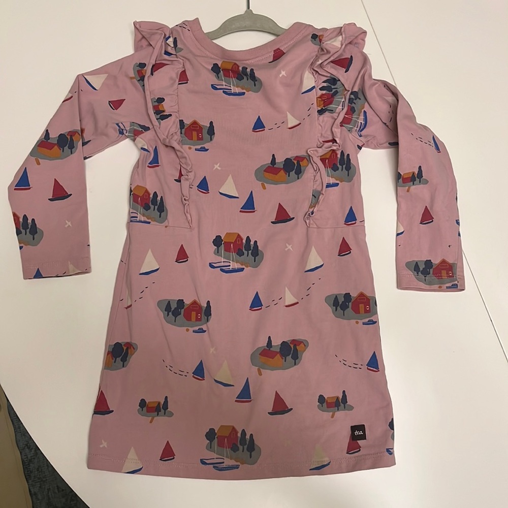 Tea Collection size 3 long sleeve dress with ruffles. Gently used, no flaws